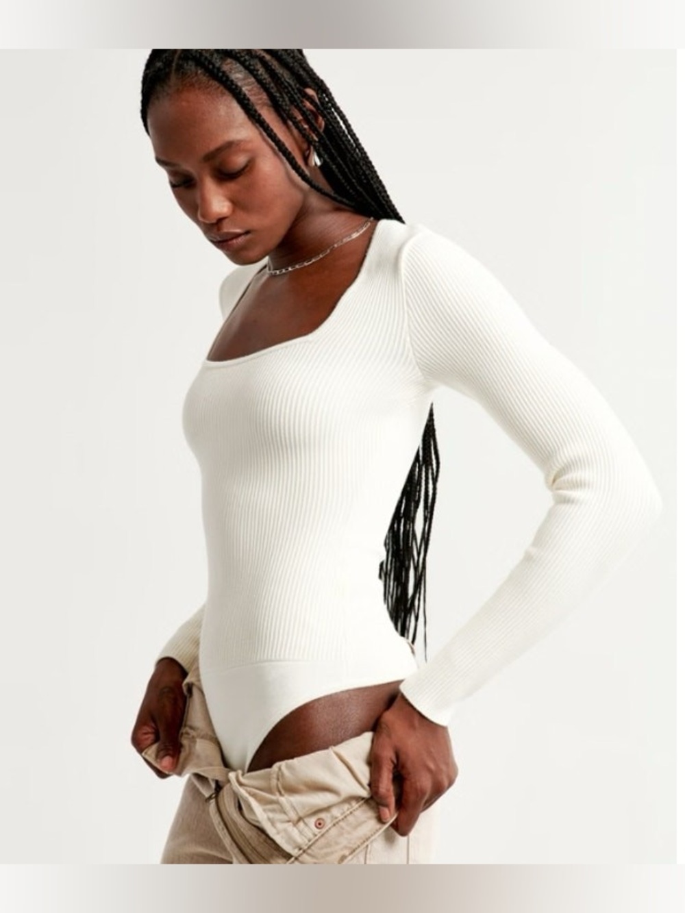 Abercrombie & Fitch Cream Ribbed Square-Neck Long-Sleeve Bodysuit